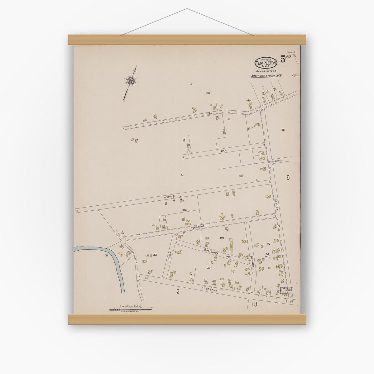 Old map wall art mockup — magnetic wood frame on white wall — Sanborn Fire Insurance Map from Templeton, Worcester County, Massachusetts (1922), Sheet #0005