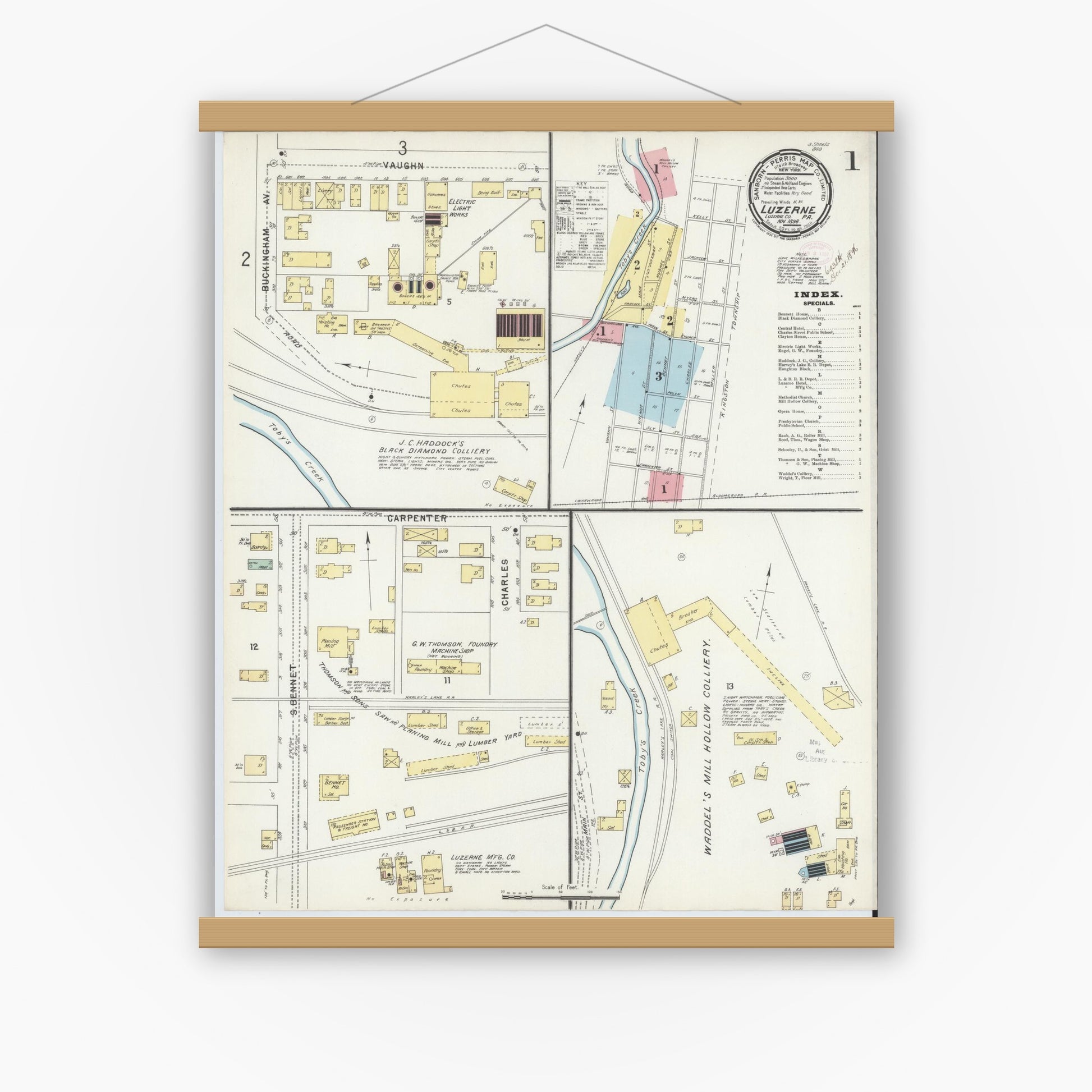 Old map wall art mockup — magnetic wood frame on white wall — Sanborn Fire Insurance Map from Luzerne, Luzerne County, Pennsylvania (1896), Sheet #0001