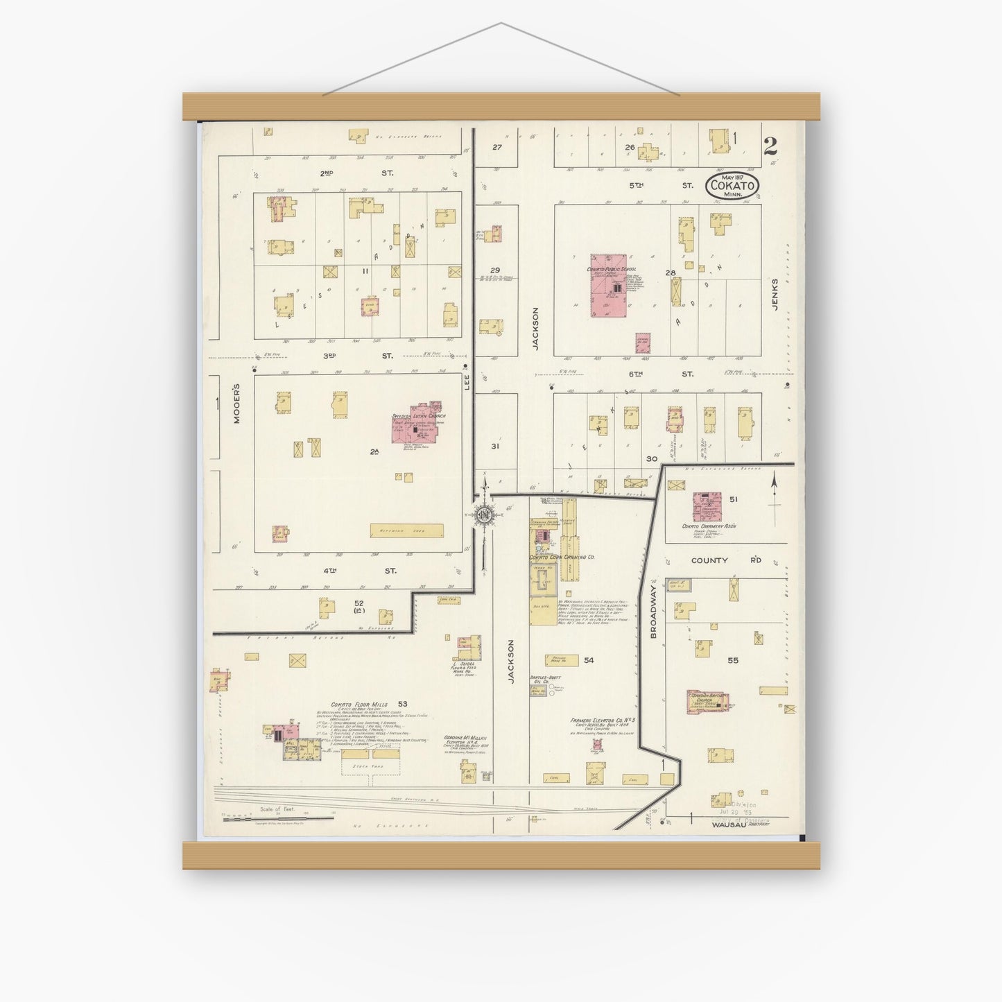 Old map wall art mockup — magnetic wood frame on white wall — Sanborn Fire Insurance Map from Cokato, Wright County, Minnesota (1917), Sheet #0002