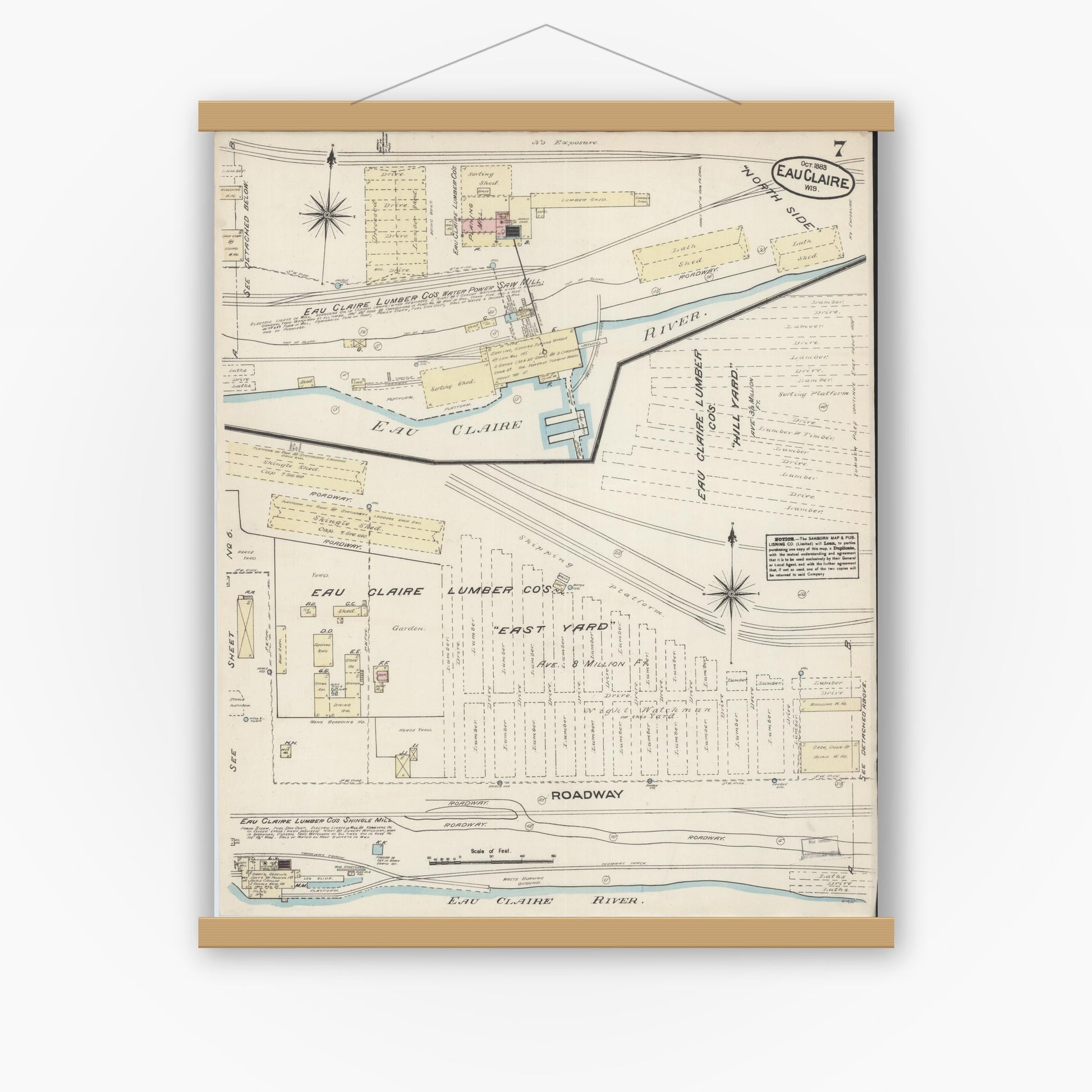 Old map wall art mockup — magnetic wood frame on white wall — Sanborn Fire Insurance Map from Eau Claire, Eau Claire County, Wisconsin (1883), Sheet #0007