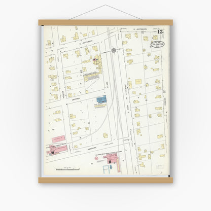 Old map wall art mockup — magnetic wood frame on white wall — Sanborn Fire Insurance Map from Coldwater, Branch County, Michigan (1914), Sheet #0012