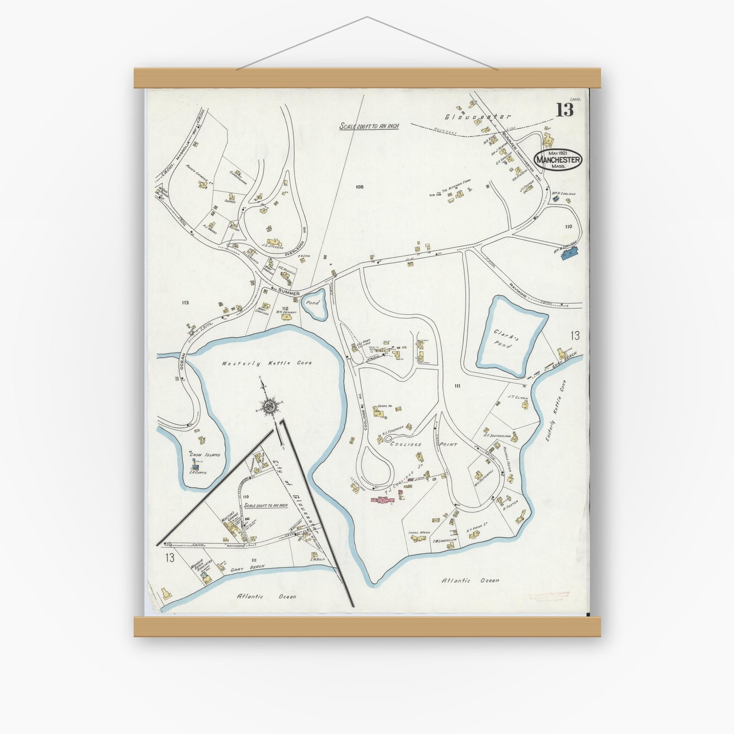 Old map wall art mockup — magnetic wood frame on white wall — Sanborn Fire Insurance Map from Manchester, Essex County, Massachusetts (1921), Sheet #0013