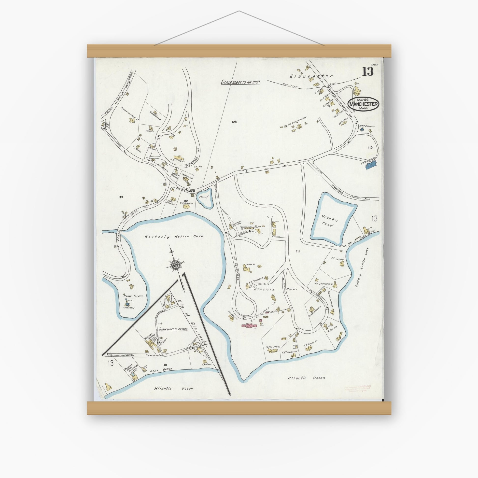 Old map wall art mockup — magnetic wood frame on white wall — Sanborn Fire Insurance Map from Manchester, Essex County, Massachusetts (1921), Sheet #0013