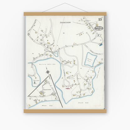 Old map wall art mockup — magnetic wood frame on white wall — Sanborn Fire Insurance Map from Manchester, Essex County, Massachusetts (1921), Sheet #0013
