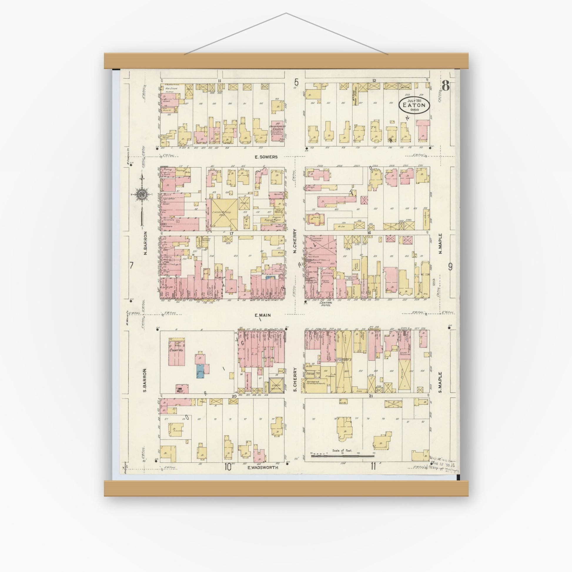 Old map wall art mockup — magnetic wood frame on white wall — Sanborn Fire Insurance Map from Eaton, Preble County, Ohio (1911), Sheet #0008