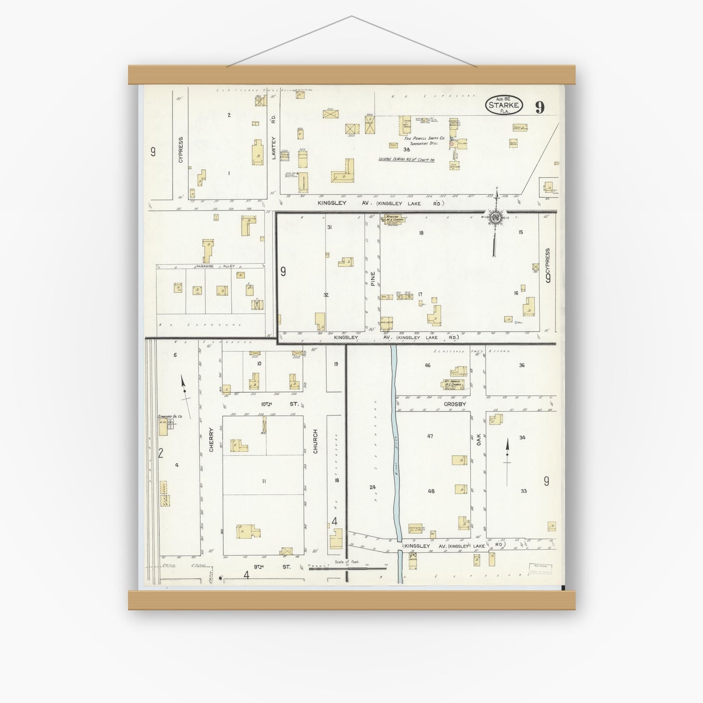 Old map wall art mockup — magnetic wood frame on white wall — Sanborn Fire Insurance Map from Starke, Bradford County, Florida (1912), Sheet #0009