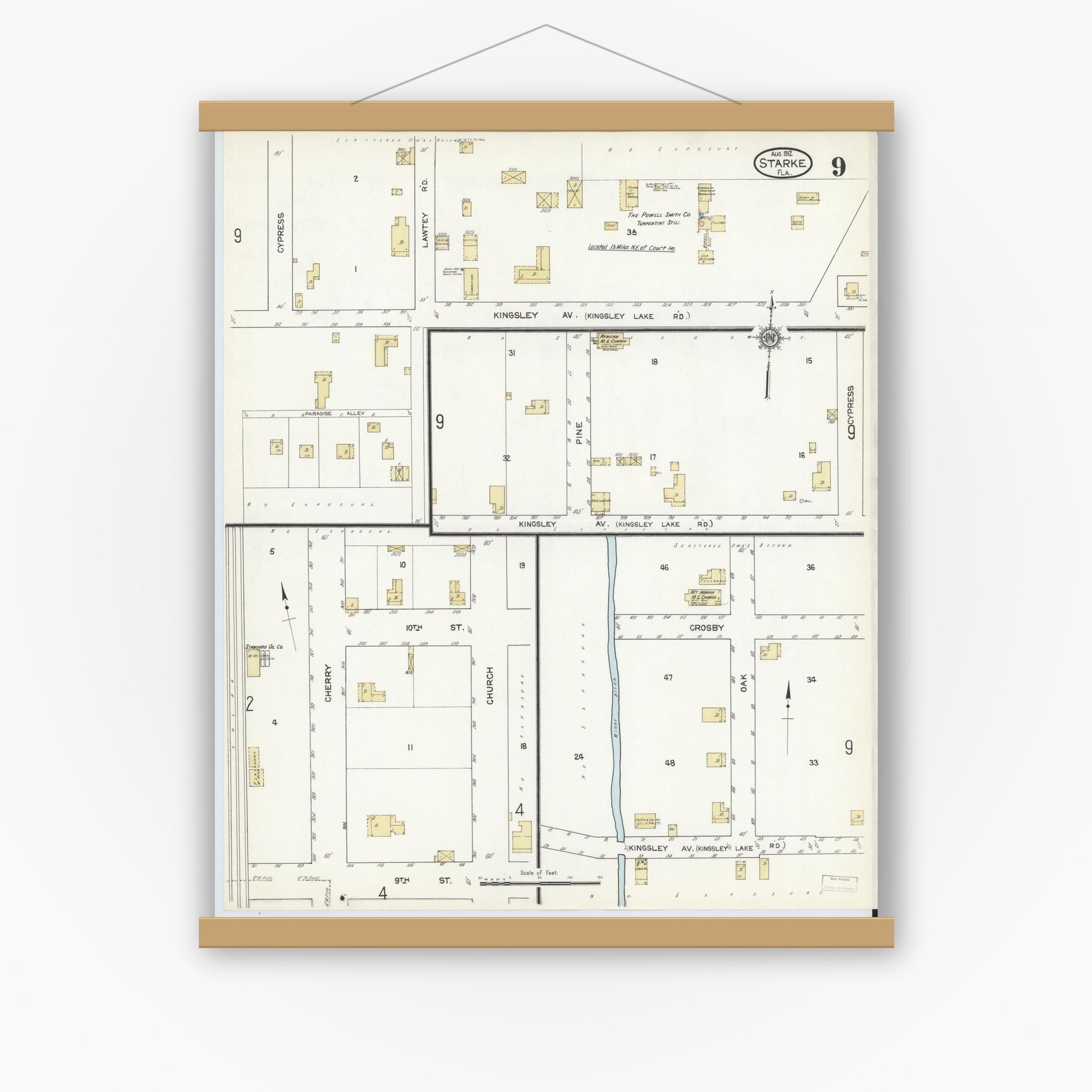 Old map wall art mockup — magnetic wood frame on white wall — Sanborn Fire Insurance Map from Starke, Bradford County, Florida (1912), Sheet #0009