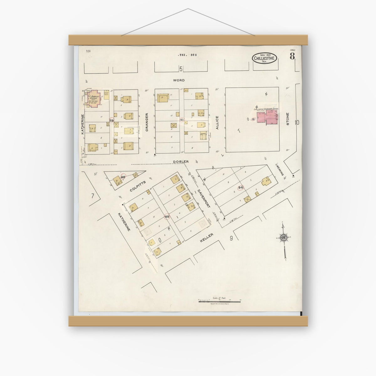 Old map wall art mockup — magnetic wood frame on white wall — Sanborn Fire Insurance Map from Chillicothe, Hardeman County, Texas (1941), Sheet #0008