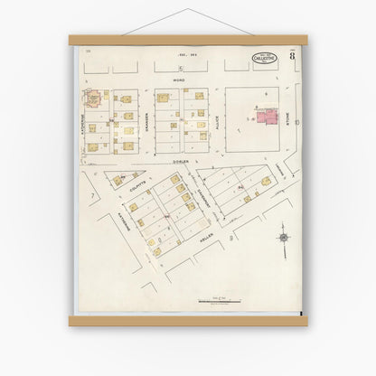 Old map wall art mockup — magnetic wood frame on white wall — Sanborn Fire Insurance Map from Chillicothe, Hardeman County, Texas (1941), Sheet #0008