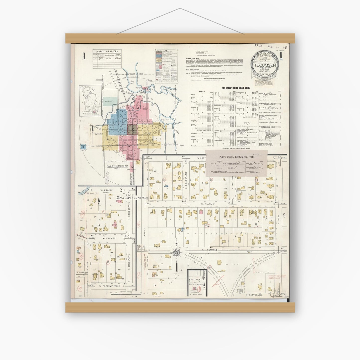 Old map wall art mockup — magnetic wood frame on white wall — Sanborn Fire Insurance Map from Tecumseh, Lenawee County, Michigan (1944), Sheet #0001