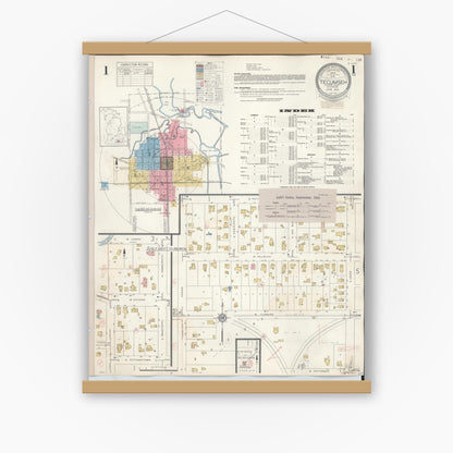 Old map wall art mockup — magnetic wood frame on white wall — Sanborn Fire Insurance Map from Tecumseh, Lenawee County, Michigan (1944), Sheet #0001