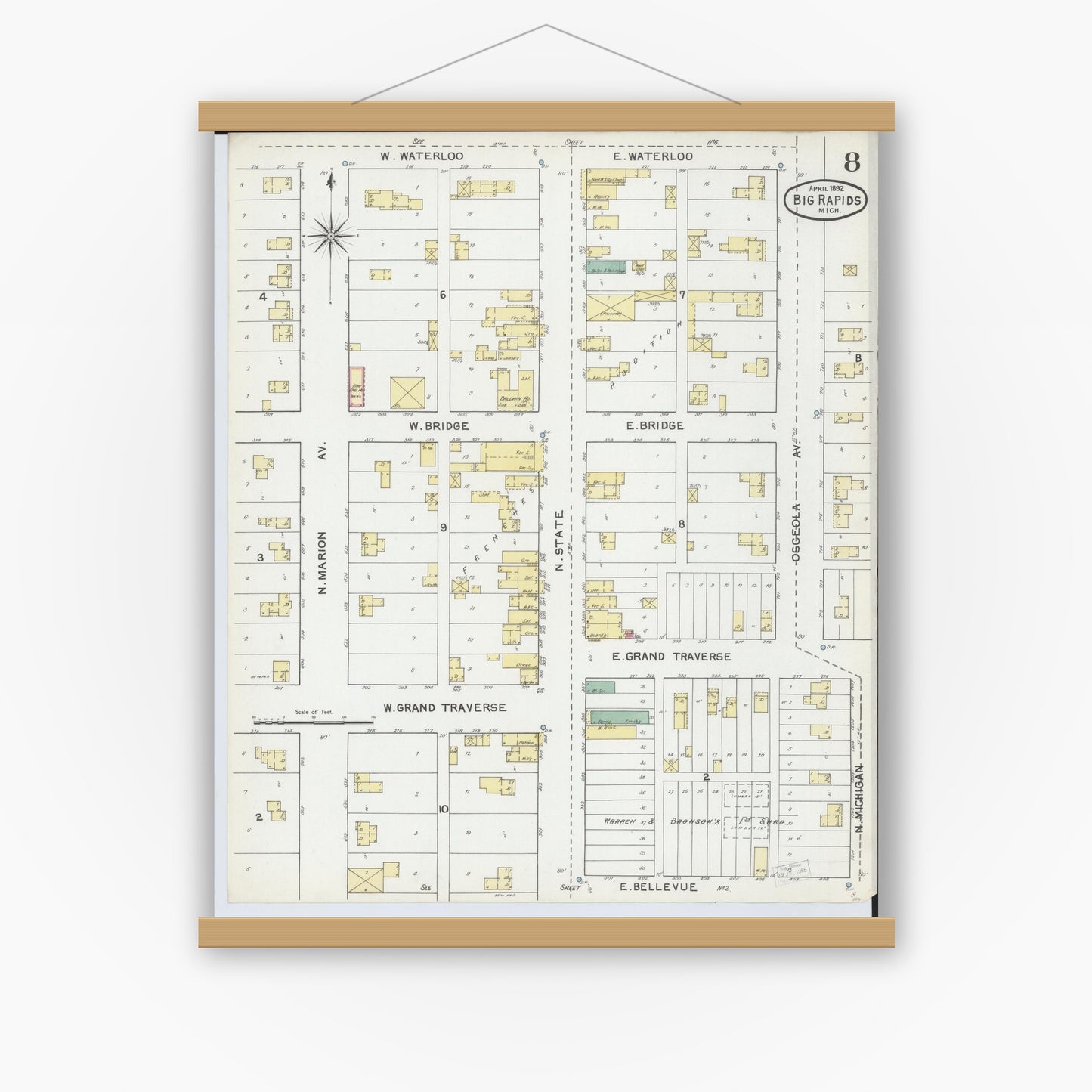 Old map wall art mockup — magnetic wood frame on white wall — Sanborn Fire Insurance Map from Big Rapids, Mecosta County, Michigan (1892), Sheet #0008