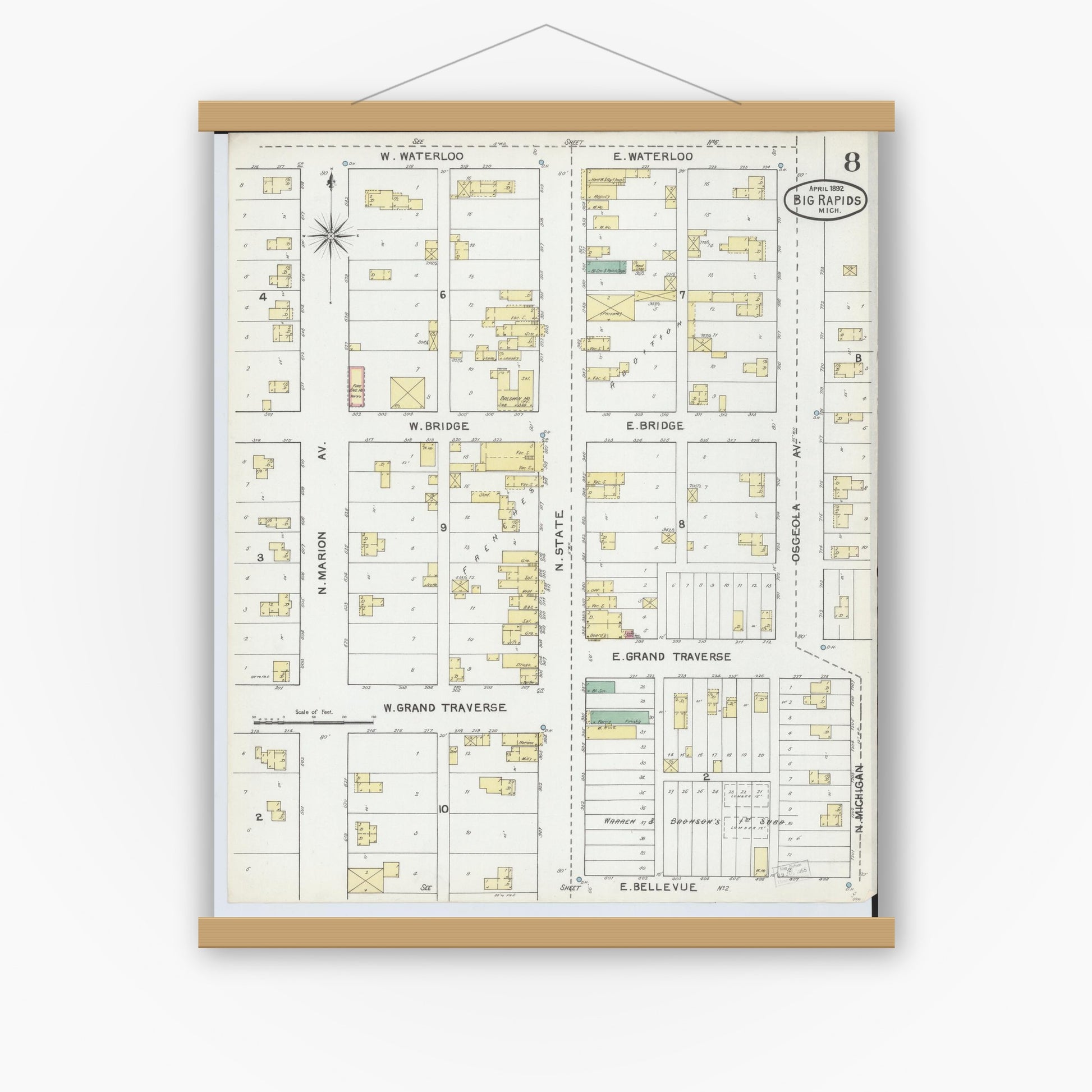Old map wall art mockup — magnetic wood frame on white wall — Sanborn Fire Insurance Map from Big Rapids, Mecosta County, Michigan (1892), Sheet #0008