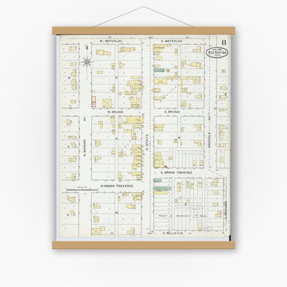 Old map wall art mockup — magnetic wood frame on white wall — Sanborn Fire Insurance Map from Big Rapids, Mecosta County, Michigan (1892), Sheet #0008