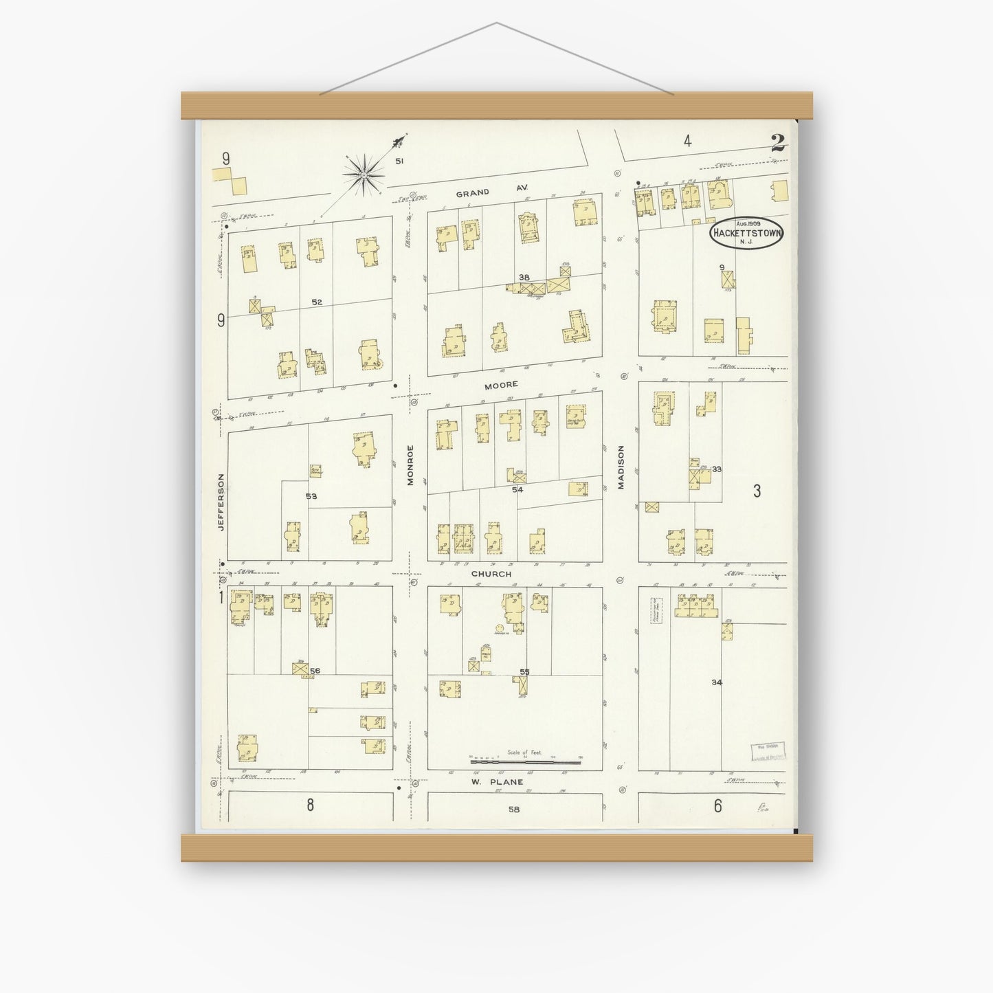 Old map wall art mockup — magnetic wood frame on white wall — Sanborn Fire Insurance Map from Hackettstown, Warren County, New Jersey (1909), Sheet #0002