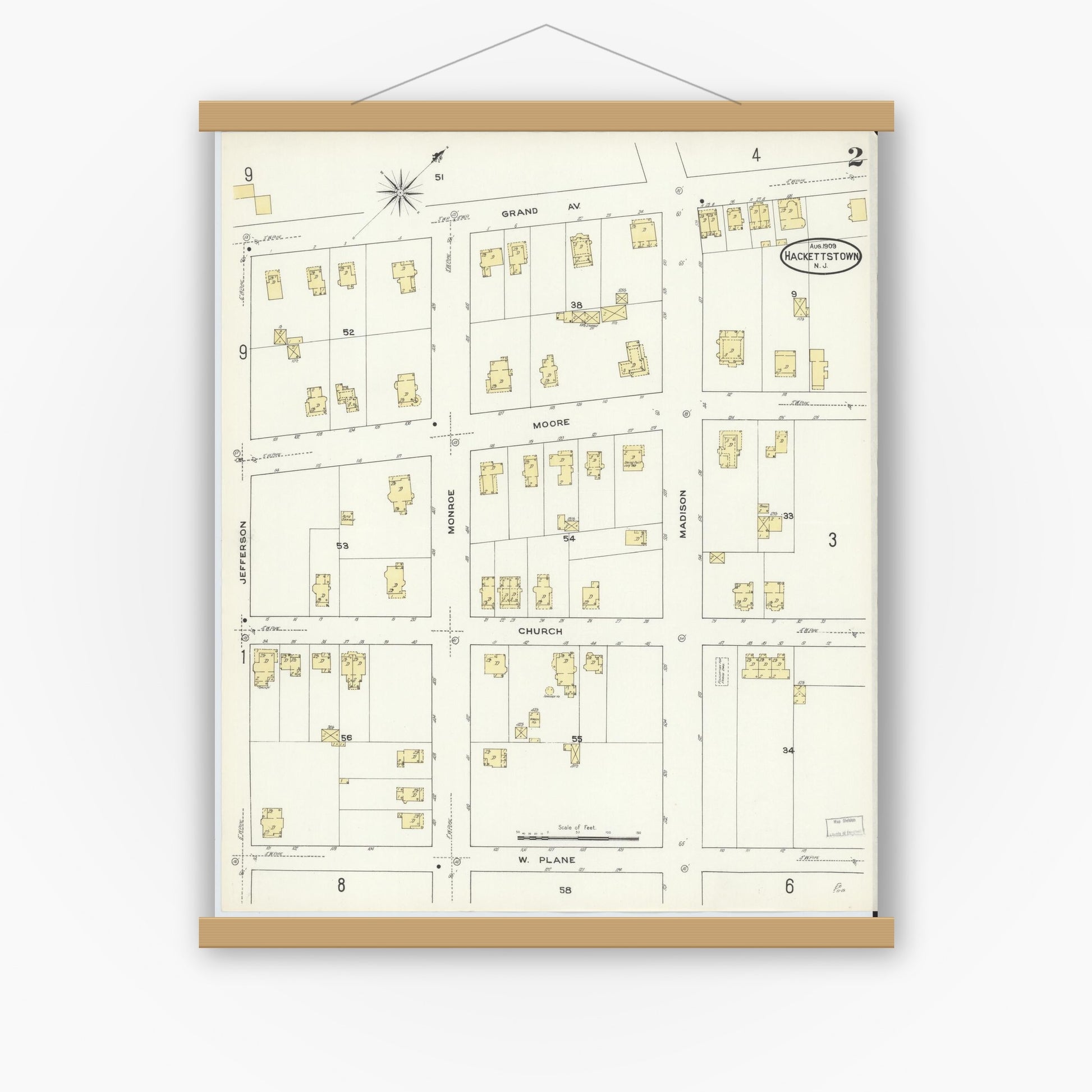 Old map wall art mockup — magnetic wood frame on white wall — Sanborn Fire Insurance Map from Hackettstown, Warren County, New Jersey (1909), Sheet #0002
