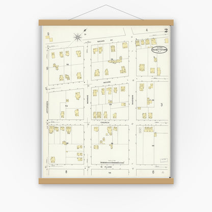 Old map wall art mockup — magnetic wood frame on white wall — Sanborn Fire Insurance Map from Hackettstown, Warren County, New Jersey (1909), Sheet #0002