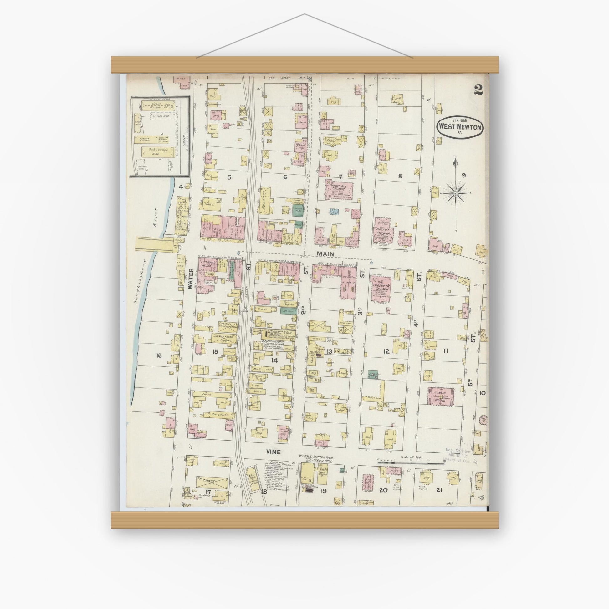 Old map wall art mockup — magnetic wood frame on white wall — Sanborn Fire Insurance Map from West Newton, Westmoreland County, Pennsylvania (1899), Sheet #0002