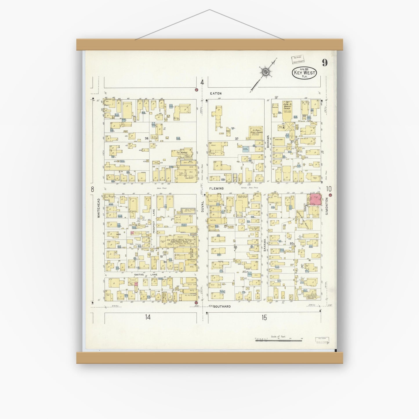 Old map wall art mockup — magnetic wood frame on white wall — Sanborn Fire Insurance Map from Key West, Monroe County, Florida (1912), Sheet #0009