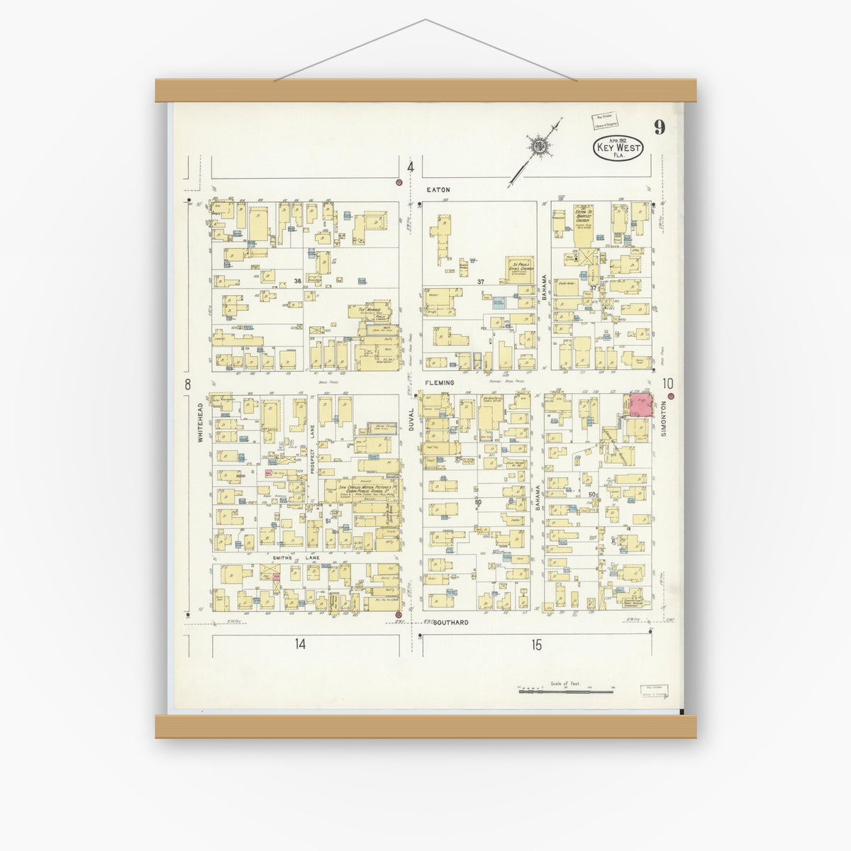 Old map wall art mockup — magnetic wood frame on white wall — Sanborn Fire Insurance Map from Key West, Monroe County, Florida (1912), Sheet #0009