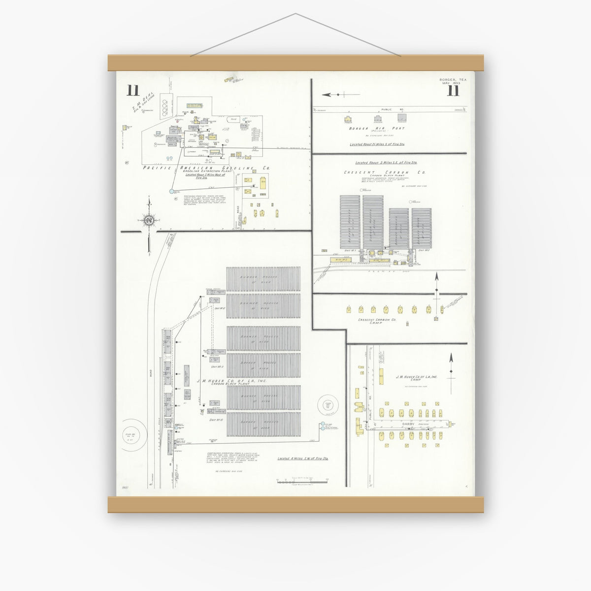 Old map wall art mockup — magnetic wood frame on white wall — Sanborn Fire Insurance Map from Borger, Hutchinson County, Texas (1933), Sheet #0011