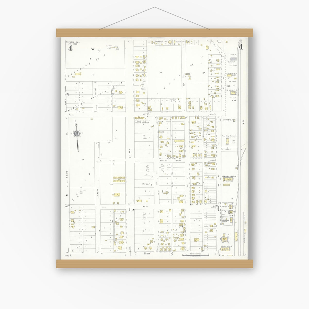 Old map wall art mockup — magnetic wood frame on white wall — Sanborn Fire Insurance Map from Refugio, Refugio County, Texas (1935), Sheet #0004