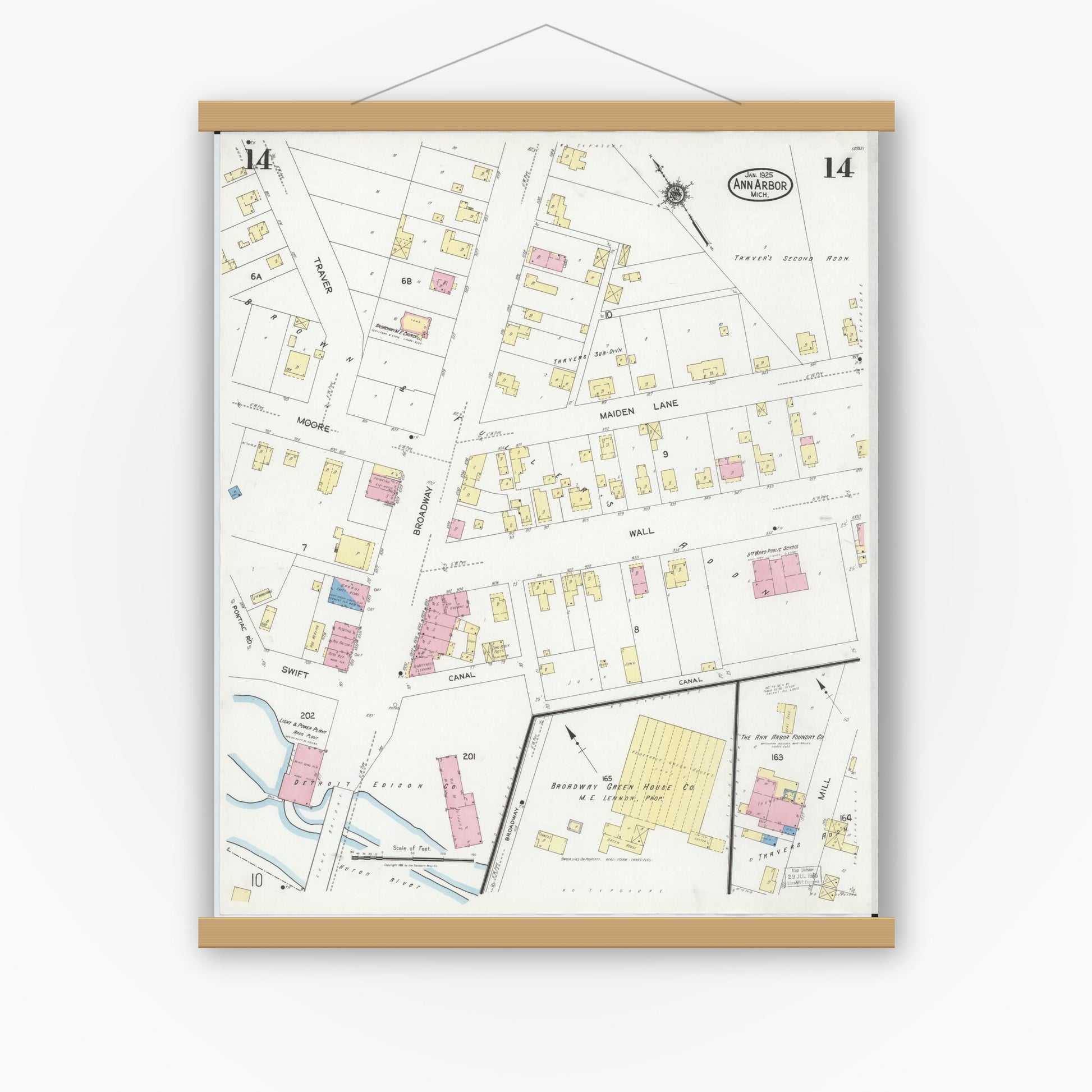 Old map wall art mockup — magnetic wood frame on white wall — Sanborn Fire Insurance Map from Ann Arbor, Washtenaw County, Michigan (1925), Sheet #0014