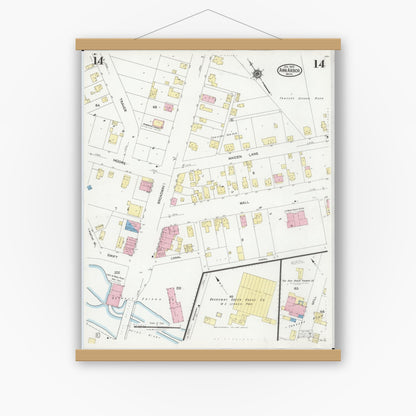 Old map wall art mockup — magnetic wood frame on white wall — Sanborn Fire Insurance Map from Ann Arbor, Washtenaw County, Michigan (1925), Sheet #0014