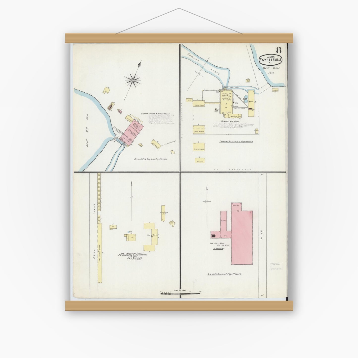 Old map wall art mockup — magnetic wood frame on white wall — Sanborn Fire Insurance Map from Fayetteville, Cumberland County, North Carolina (1896), Sheet #0008