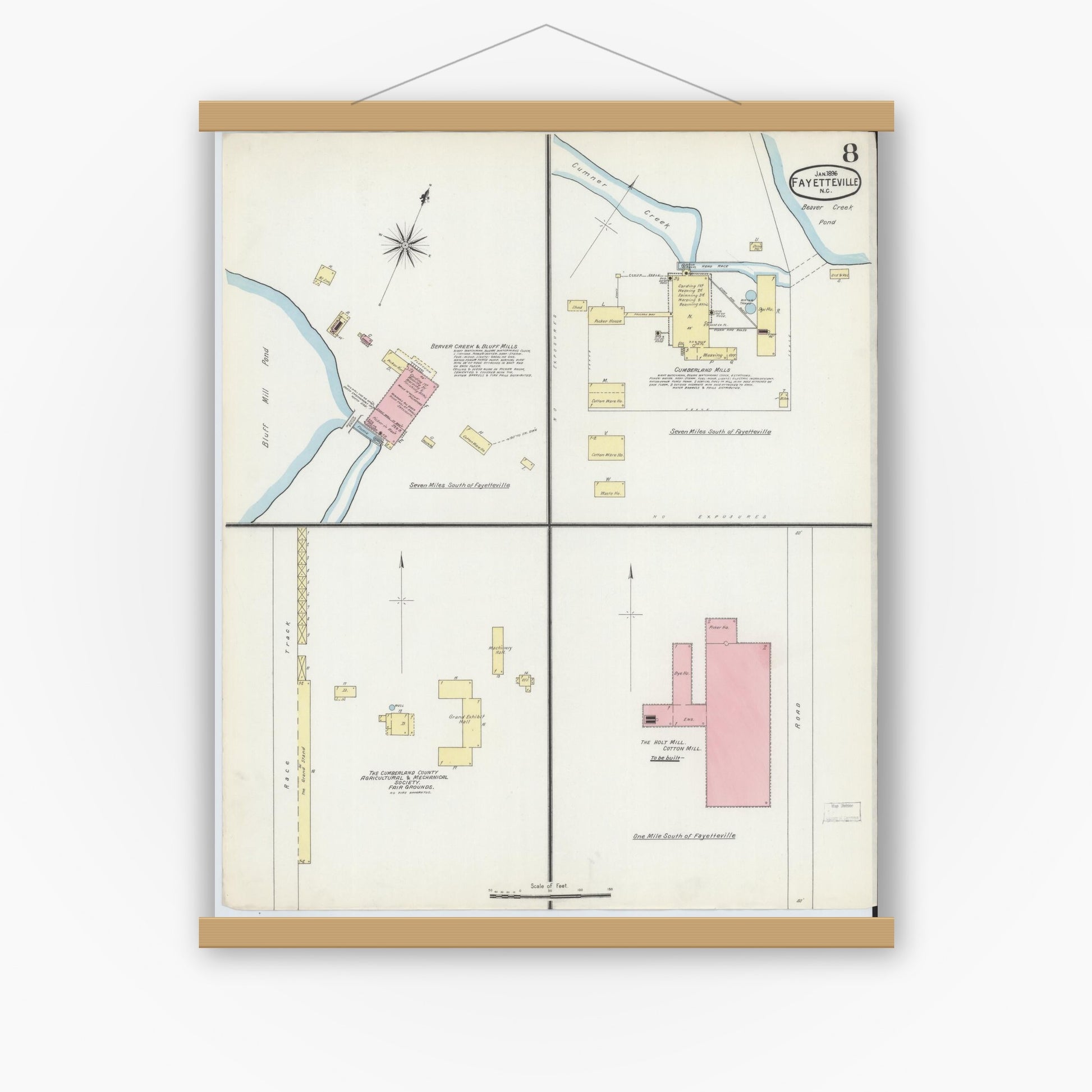 Old map wall art mockup — magnetic wood frame on white wall — Sanborn Fire Insurance Map from Fayetteville, Cumberland County, North Carolina (1896), Sheet #0008