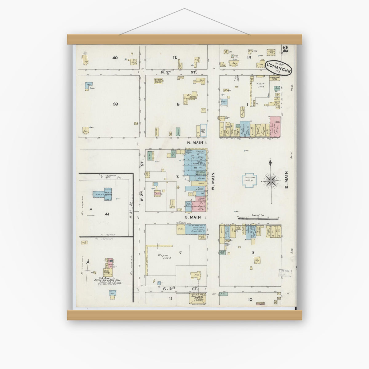 Old map wall art mockup — magnetic wood frame on white wall — Sanborn Fire Insurance Map from Comanche, Comanche County, Texas (1891), Sheet #0002
