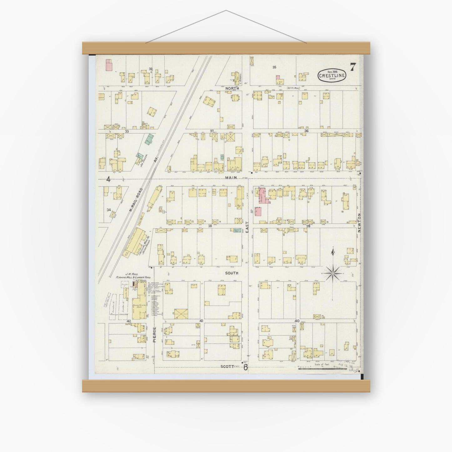 Old map wall art mockup — magnetic wood frame on white wall — Sanborn Fire Insurance Map from Crestline, Crawford County, Ohio (1896), Sheet #0007