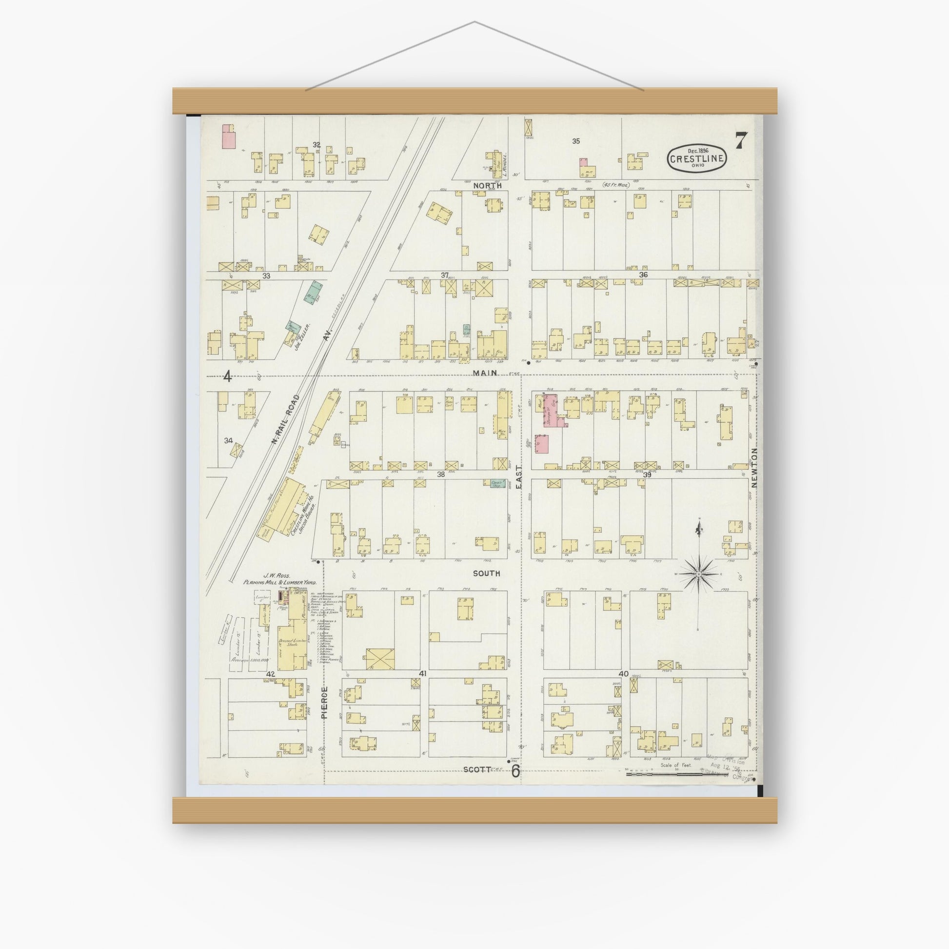 Old map wall art mockup — magnetic wood frame on white wall — Sanborn Fire Insurance Map from Crestline, Crawford County, Ohio (1896), Sheet #0007