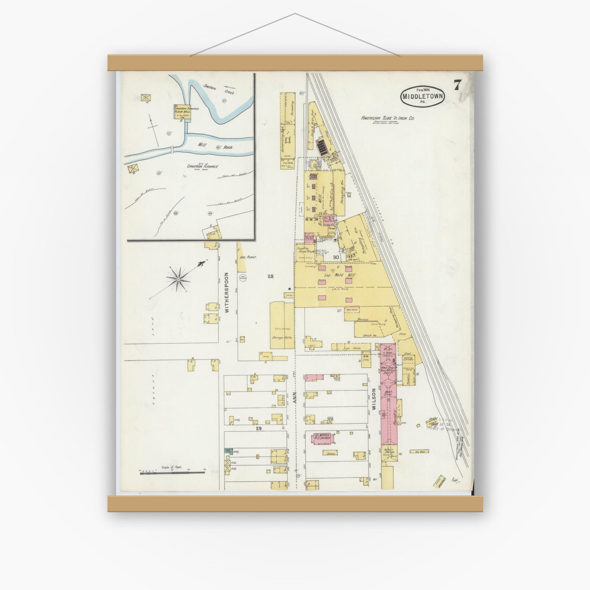 Old map wall art mockup — magnetic wood frame on white wall — Sanborn Fire Insurance Map from Middletown, Dauphin County, Pennsylvania (1896), Sheet #0007