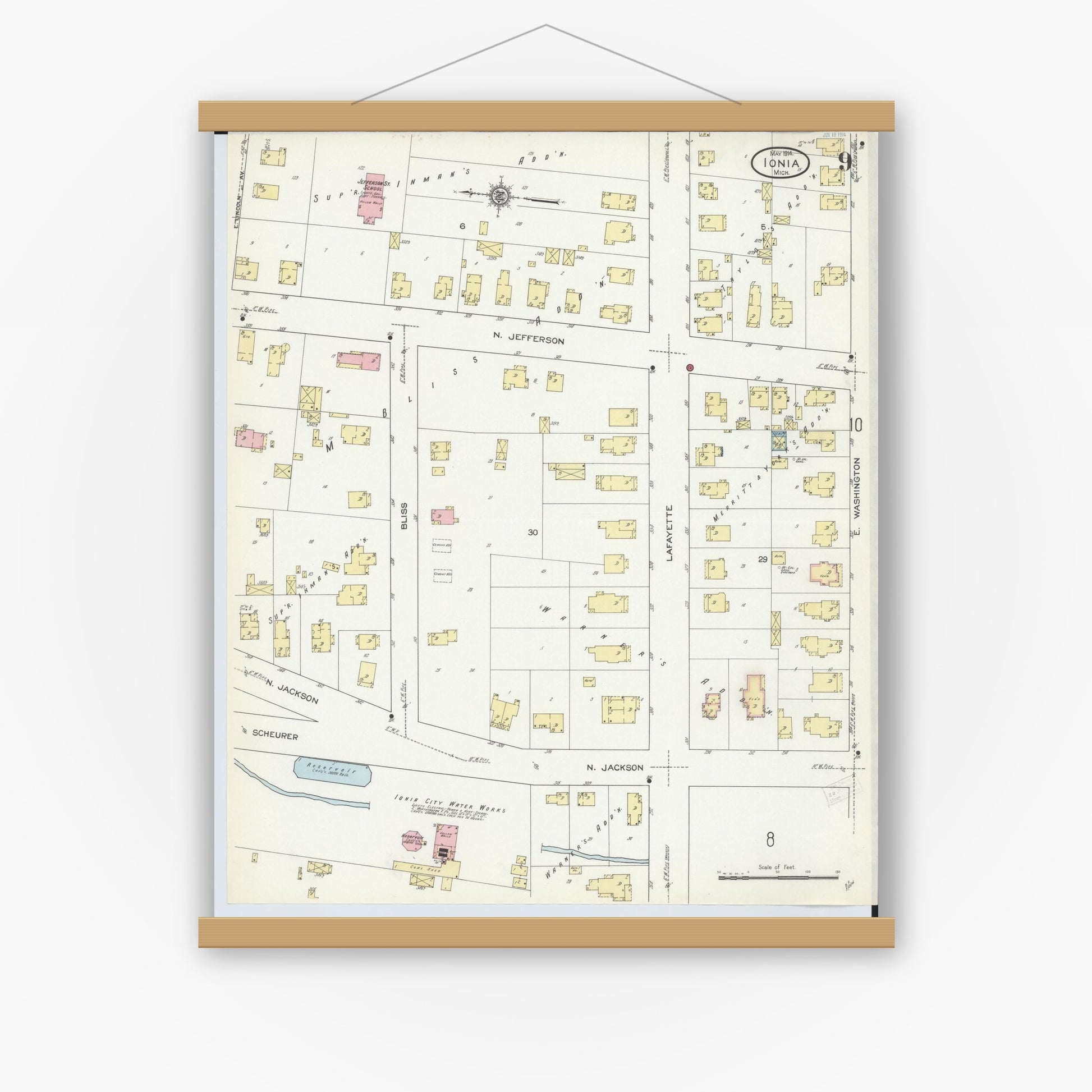 Old map wall art mockup — magnetic wood frame on white wall — Sanborn Fire Insurance Map from Ionia, Ionia County, Michigan (1914), Sheet #0009