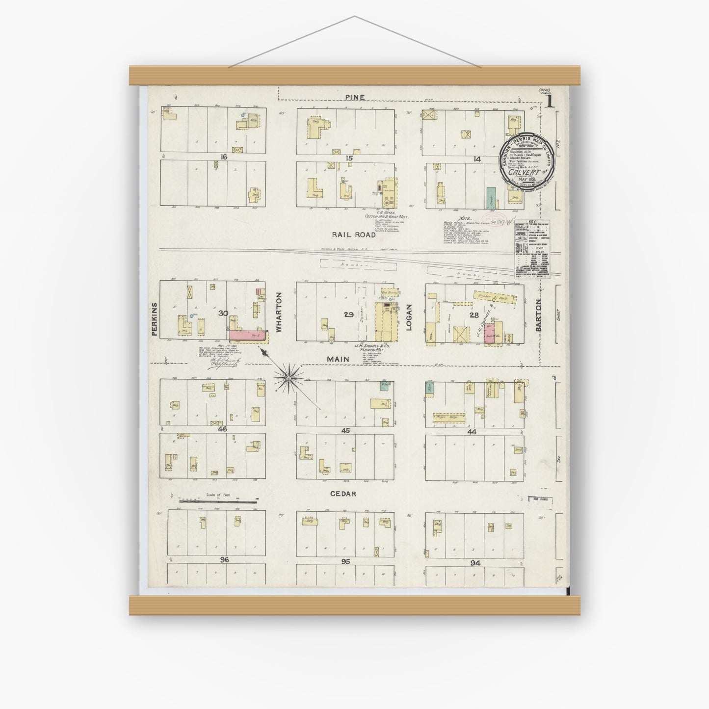 Old map wall art mockup — magnetic wood frame on white wall — Sanborn Fire Insurance Map from Calvert, Robertson County, Texas (1891) - Complete Map Set