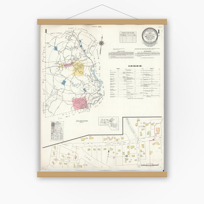 Old map wall art mockup — magnetic wood frame on white wall — Sanborn Fire Insurance Map from Weston, Middlesex County, Massachusetts (1941), Sheet #0001