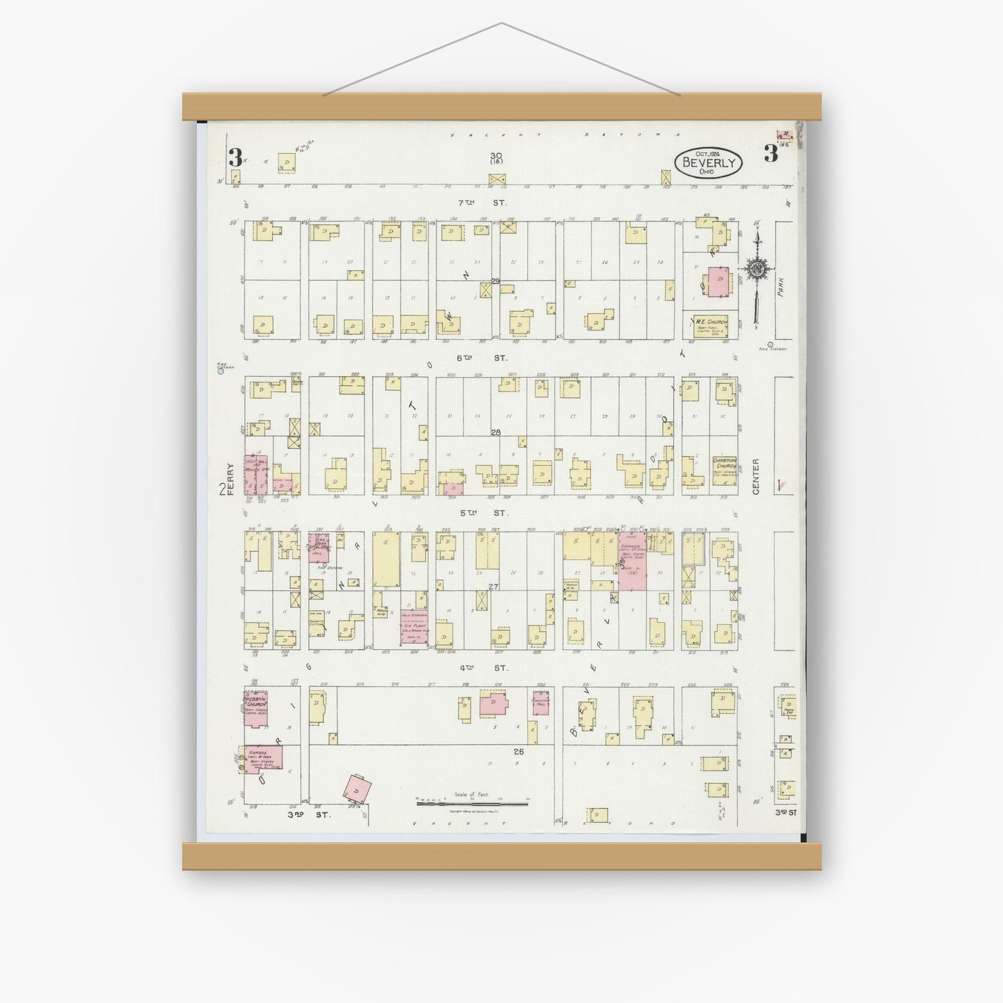 Old map wall art mockup — magnetic wood frame on white wall — Sanborn Fire Insurance Map from Beverly, Washington County, Ohio (1924), Sheet #0003
