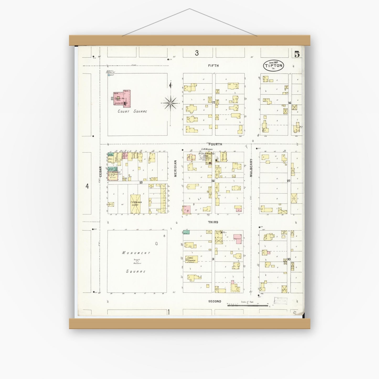 Old map wall art mockup — magnetic wood frame on white wall — Sanborn Fire Insurance Map from Tipton, Cedar County, Iowa (1897), Sheet #0005
