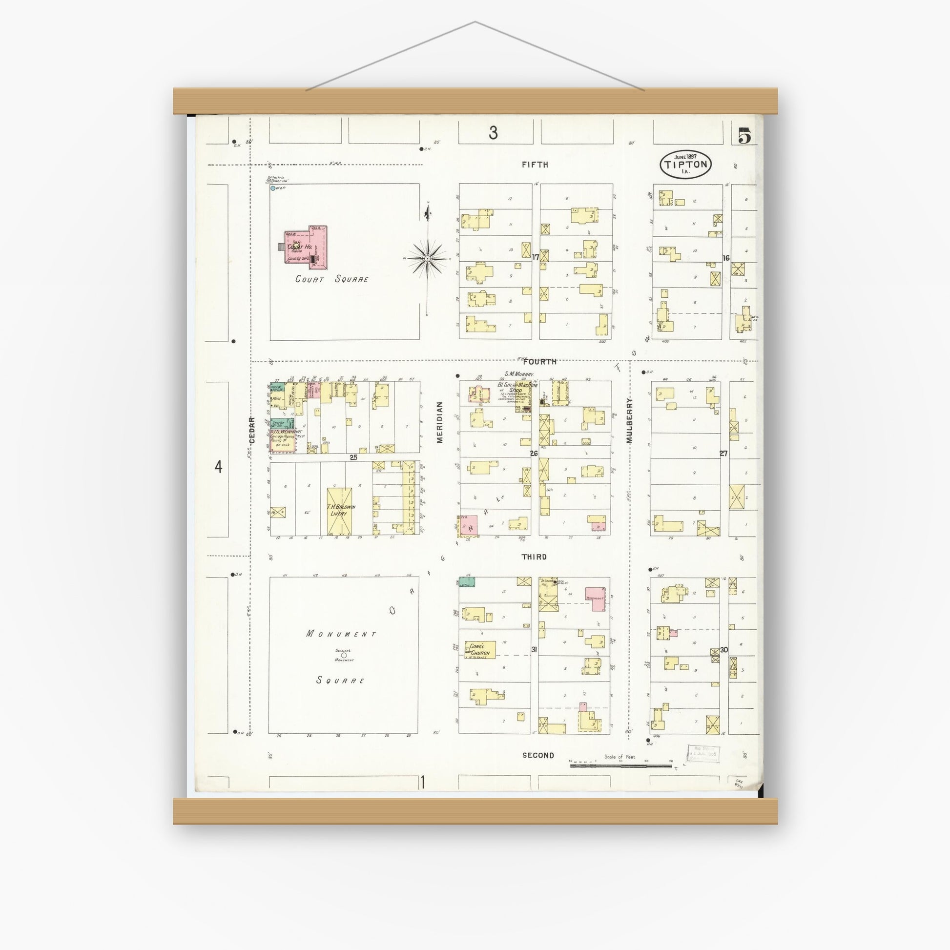 Old map wall art mockup — magnetic wood frame on white wall — Sanborn Fire Insurance Map from Tipton, Cedar County, Iowa (1897), Sheet #0005