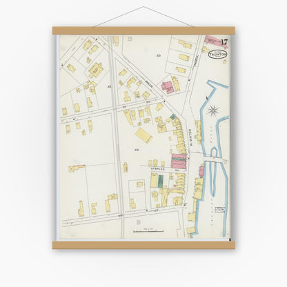 Old map wall art mockup — magnetic wood frame on white wall — Sanborn Fire Insurance Map from Taunton, Bristol County, Massachusetts (1893), Sheet #0017
