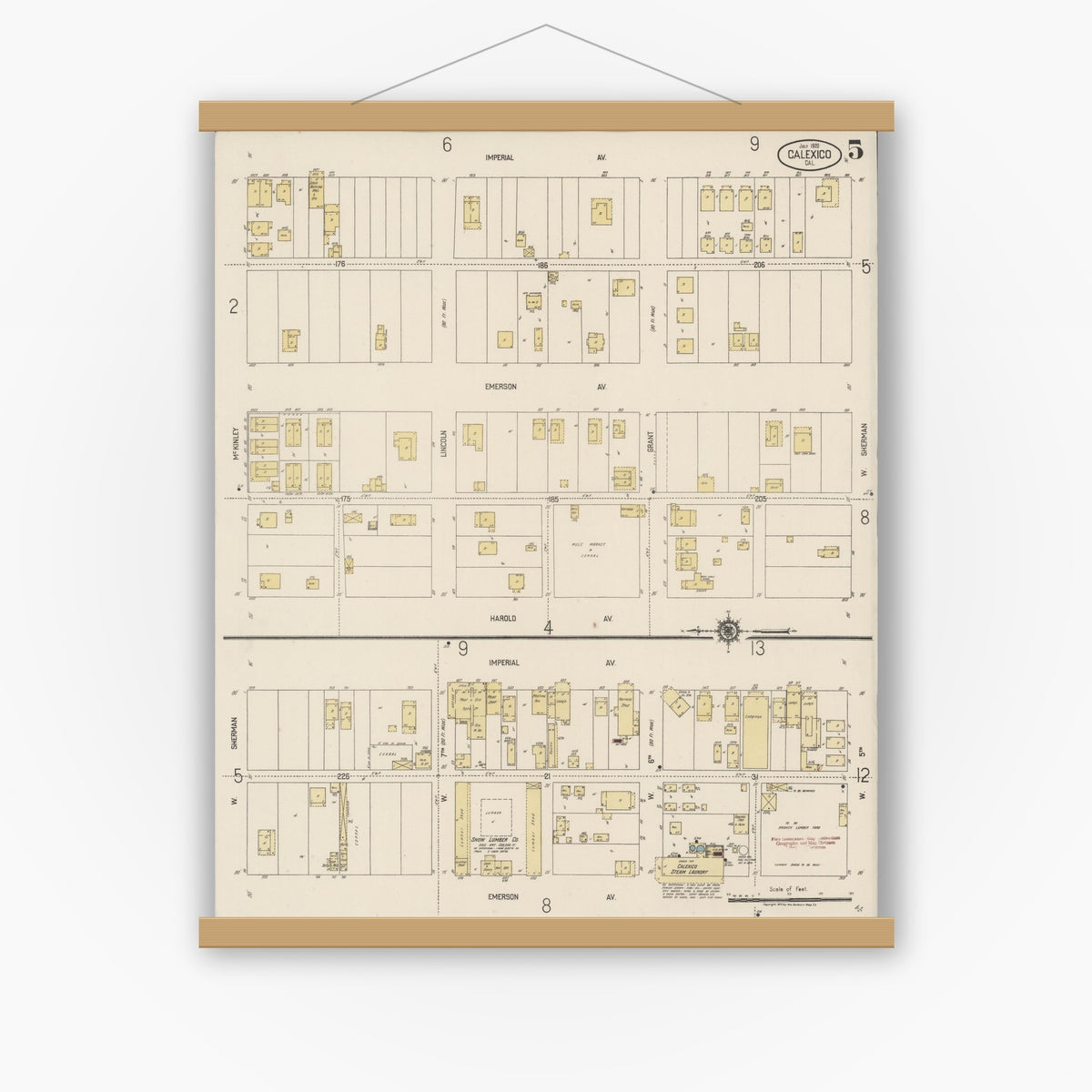 Old map wall art mockup — magnetic wood frame on white wall — Sanborn Fire Insurance Map from Calexico, Imperial County, California (1920), Sheet #0005