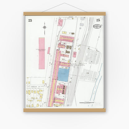 Old map wall art mockup — magnetic wood frame on white wall — Sanborn Fire Insurance Map from Barberton, Summit County, Ohio (1927), Sheet #0025
