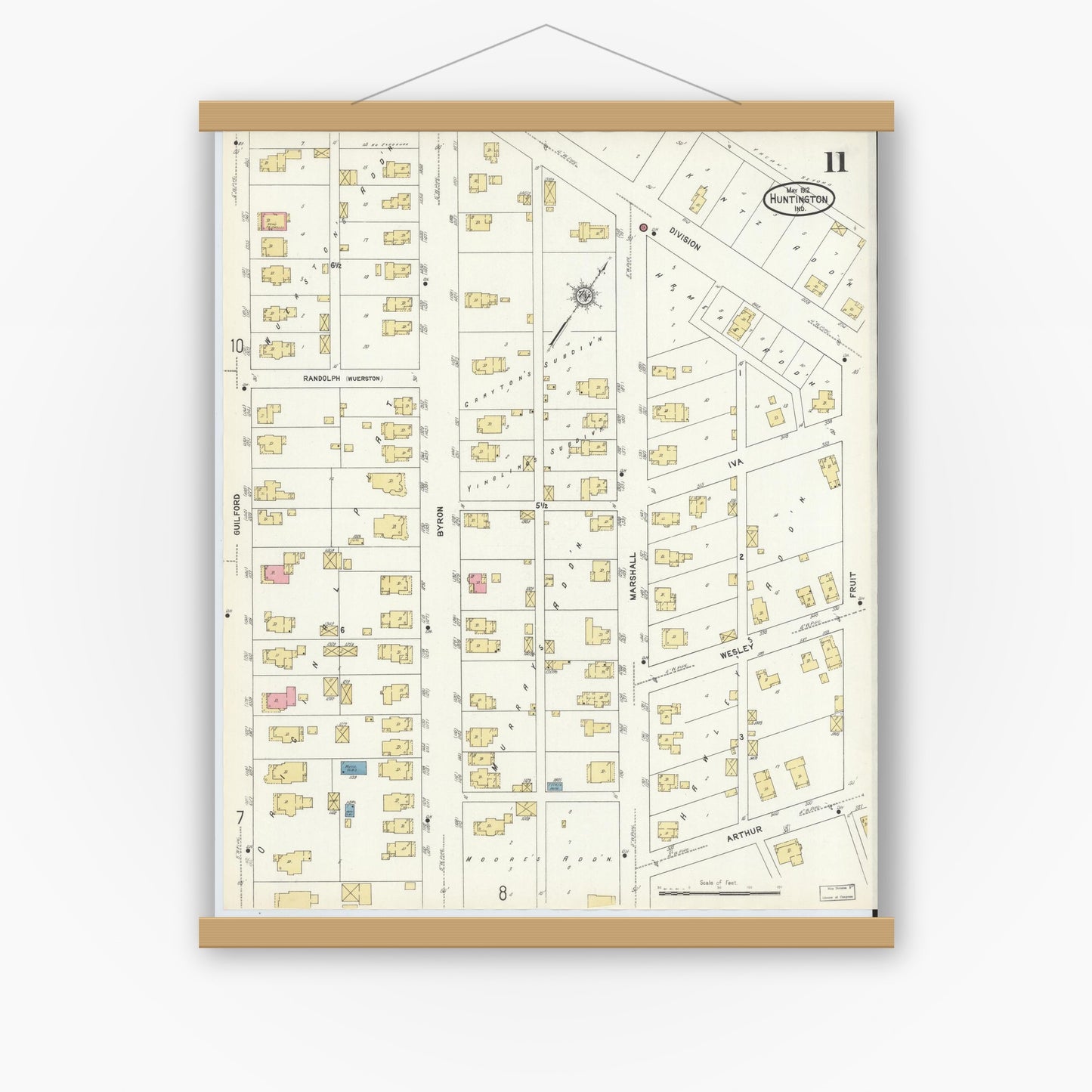 Old map wall art mockup — magnetic wood frame on white wall — Sanborn Fire Insurance Map from Huntington, Huntington County, Indiana (1912), Sheet #0011