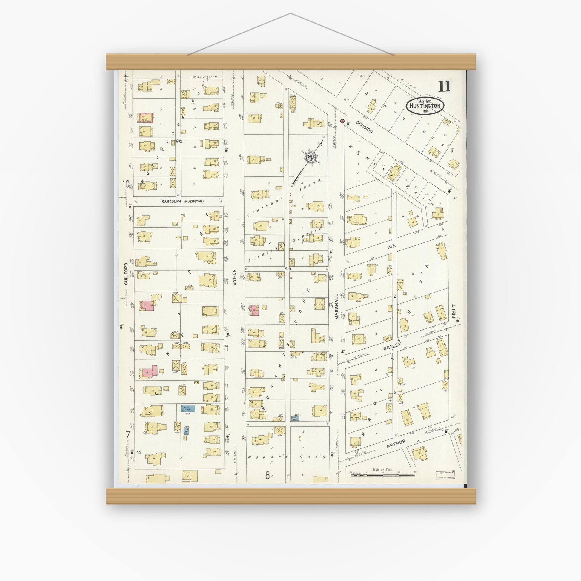 Old map wall art mockup — magnetic wood frame on white wall — Sanborn Fire Insurance Map from Huntington, Huntington County, Indiana (1912), Sheet #0011