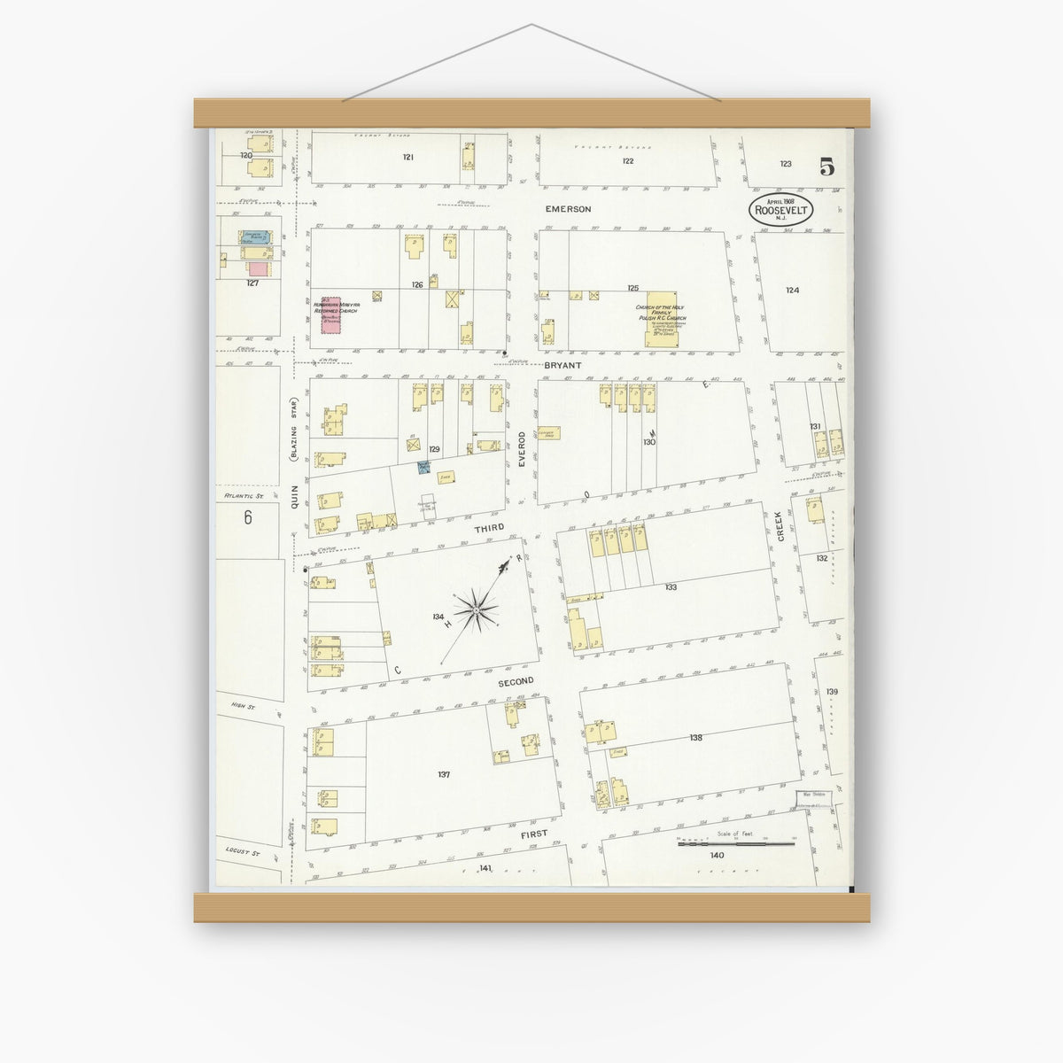 Old map wall art mockup — magnetic wood frame on white wall — Sanborn Fire Insurance Map from Roosevelt, Middlesex County, New Jersey (1908), Sheet #0005