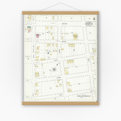Old map wall art mockup — magnetic wood frame on white wall — Sanborn Fire Insurance Map from Roosevelt, Middlesex County, New Jersey (1908), Sheet #0005