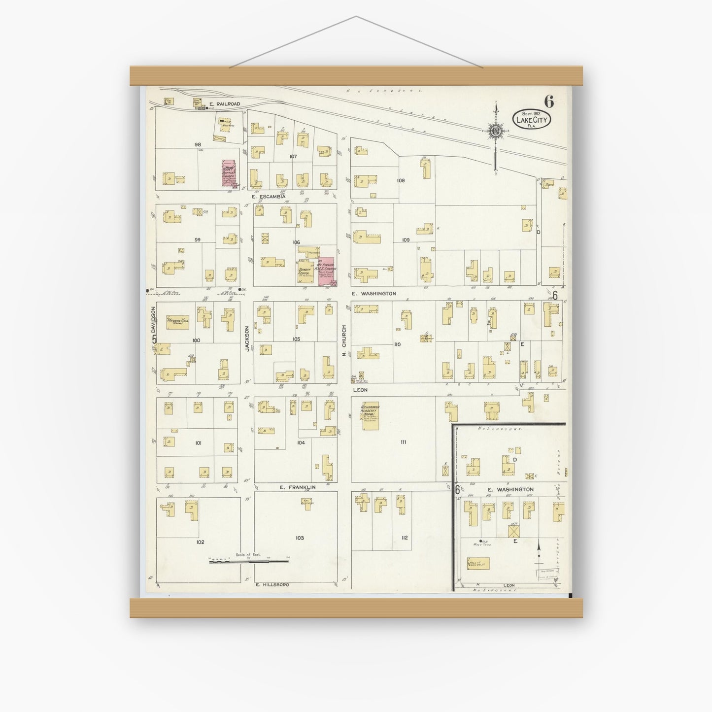 Old map wall art mockup — magnetic wood frame on white wall — Sanborn Fire Insurance Map from Lake City, Columbia County, Florida (1912), Sheet #0006