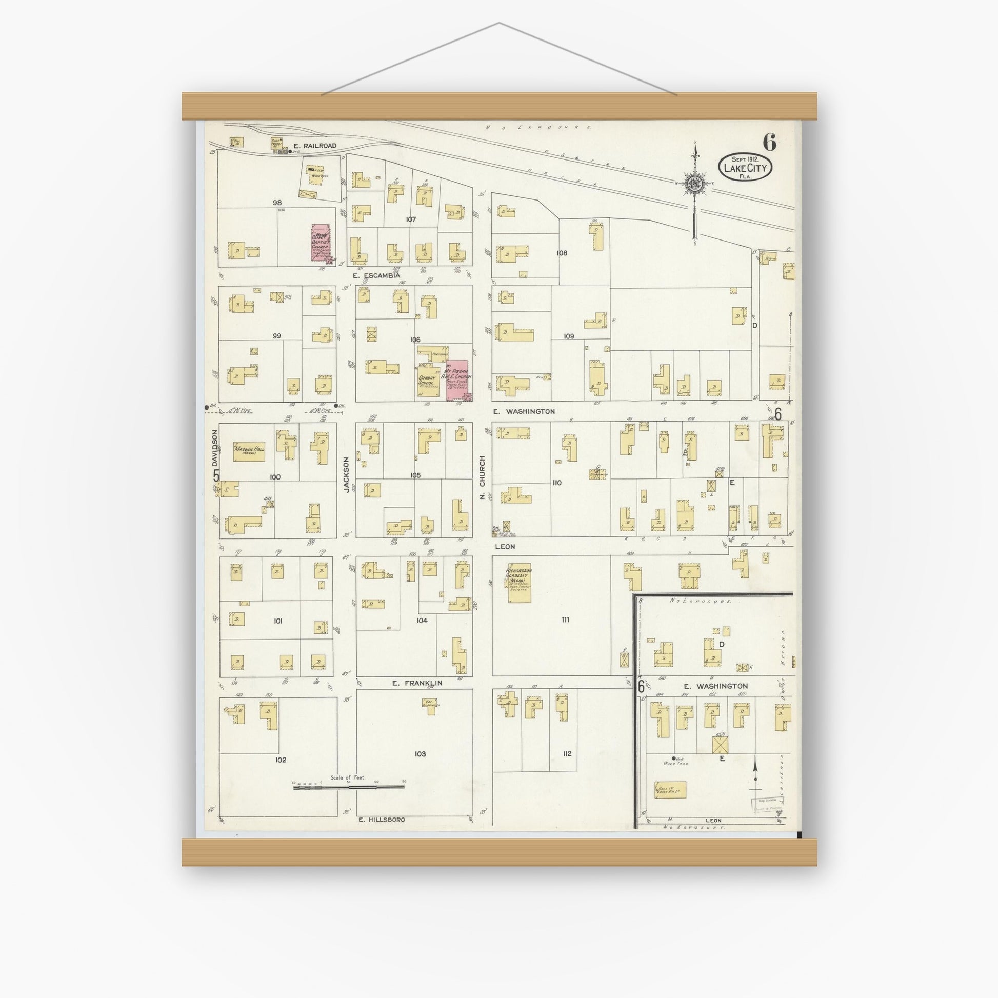 Old map wall art mockup — magnetic wood frame on white wall — Sanborn Fire Insurance Map from Lake City, Columbia County, Florida (1912), Sheet #0006