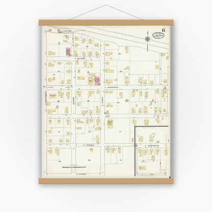 Old map wall art mockup — magnetic wood frame on white wall — Sanborn Fire Insurance Map from Lake City, Columbia County, Florida (1912), Sheet #0006